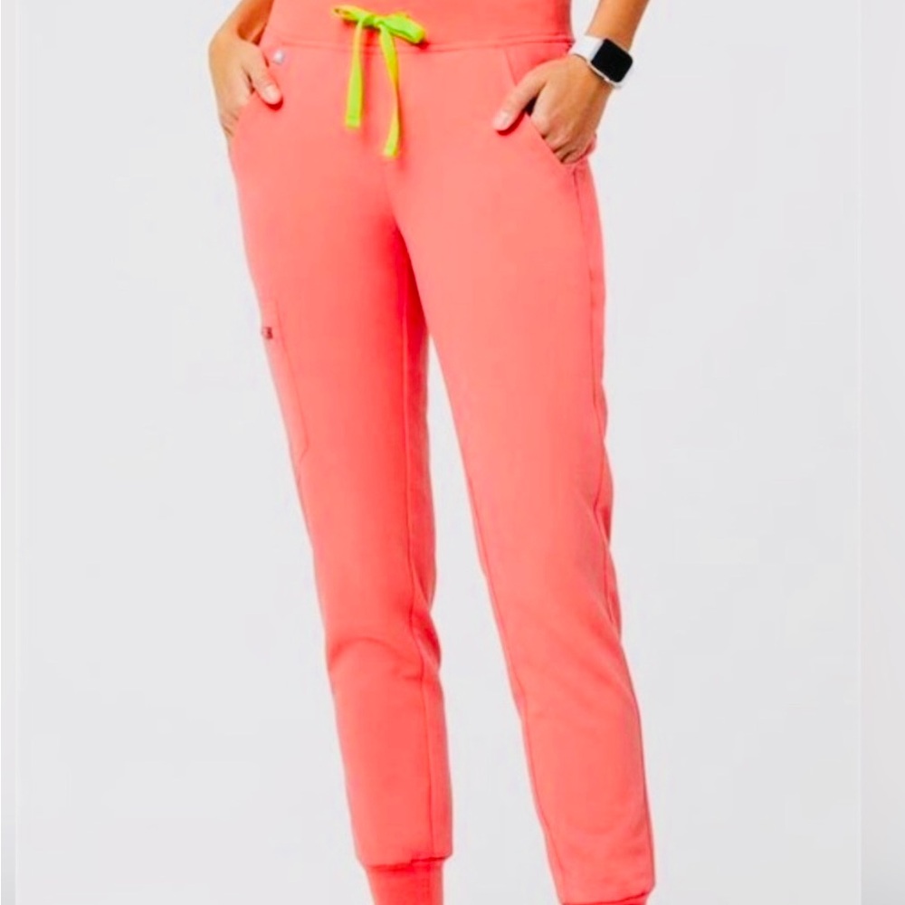 Figs Hot Coral Zamora Jogger Scrubs with Neon Green Accents
